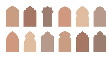 İslami kapı ve cami penceresi siluetleri şekillendirir. Arap mimarisi, cami bina kapıları kemerler siluetler, Arap penceresi veya kapı izole vektör çerçeveleri seti