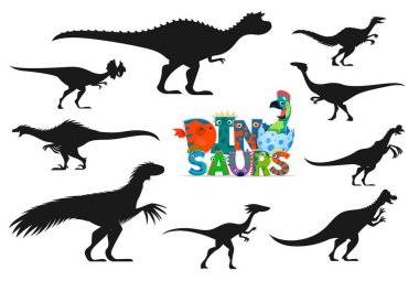 İzole dinazorlar çizgi film karakterleri siluetler. Carnotaurus, Dilophosaur, Troodon ve Gallimimus, Oviraptor, Therizinosaurus, Compsognathus ve Pachycephalosaurus komik dinozor vektör siluetleri