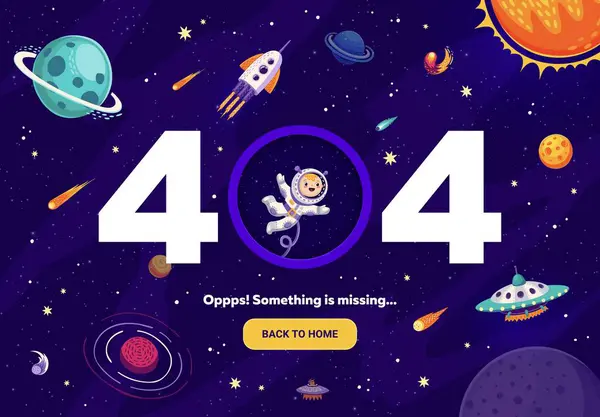 404 Page Cartoon Galaxy Space Astronaut Ufo Planets Vector Webpage — Stock Vector