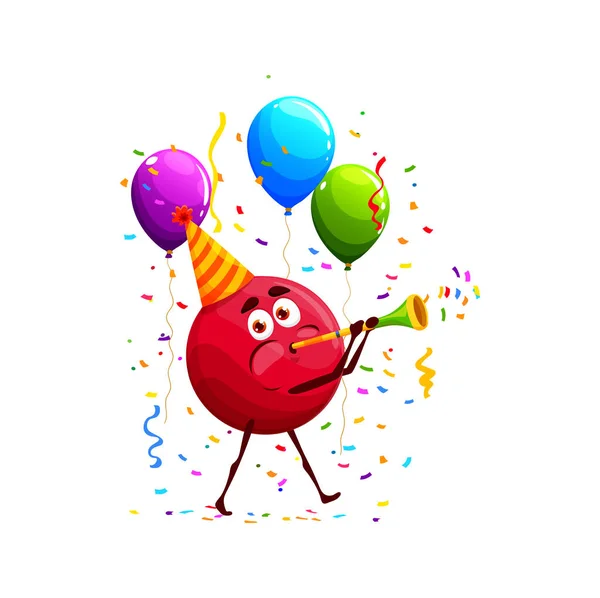 Cartoon cranberry character, birthday holiday. Kids birthday celebration berry funny personage, children holiday party cranberry isolated vector childish mascot with horn and balloons