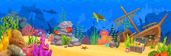 Underwater cartoon landscape. Animals, fish, seaweeds and corals. Underwater life background, aquarium or seascape vector backdrop with sunken ship, treasure chest and fish shoals, algae plants