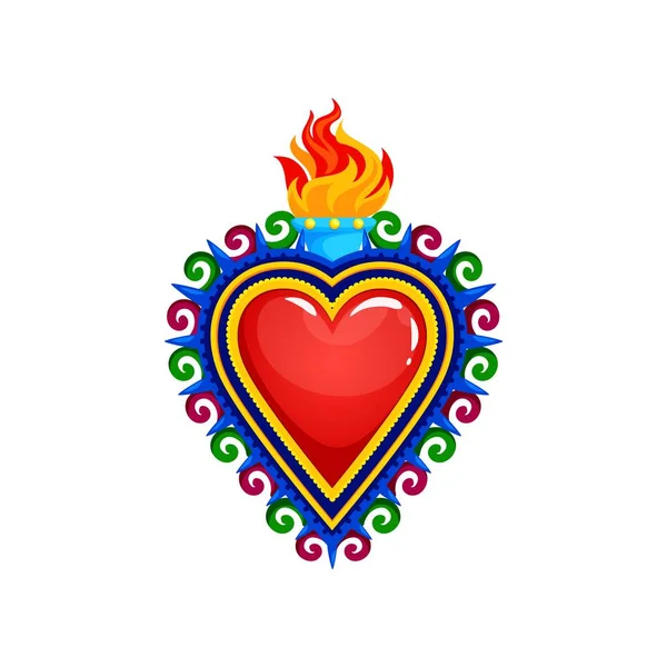 Mexican Sacred Heart Tattoo Symbol Isolated Cartoon Vector Flaming Heart — Stock Vector