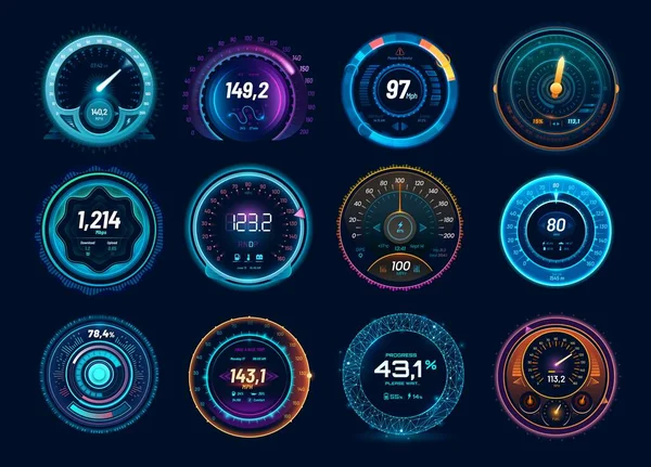 Speedometer Neon Dial Car Internet Traffic Speed Gauge Dashboard Futuristic — Stock Vector
