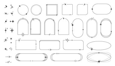 Yıldız parıltıları ve parıltıları, doğrusal kenarlar ve kemer şekilleri, vektör simgeleri olan minimum çizgi çerçeveleri. Geometrik, kare ve yuvarlak çizgili, parlak yıldızlı, soyut, basit çizgi sanat çerçeveleri