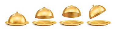 Altın tepsi. Lüks restoran altın bulaşık takımı, yemek ekipmanları ve cafe garsonu 3D gerçekçi bronz tabaklar veya altın metal tepsiler kapalı ve açık kapaklı yemek tepsileri.