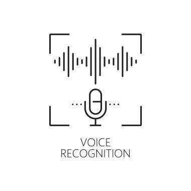 Ses tanıma biyometrik tanımlama ve doğrulama simgesi. Güvenli erişim dijital teknolojisi, kimlik doğrulama veya mikrofon ve ses dalgaları ile biyometrik tanıma çizgisi vektör sembolü