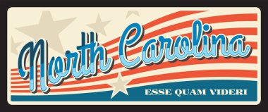 Kuzey Carolina State Metal Seyahat Plakası, Bayrak ve Esse Quam Videri harfleri. Amerika Birleşik Devletleri retro tabelası, eski tabela, klasik tipografi. Raleigh başkenti, Charlotte Vintage tabelası