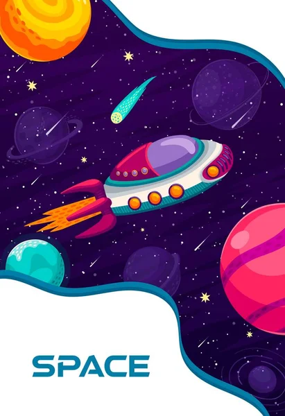 Space Poster Cartoon Flying Spaceship Galaxy Planets Stars Dark Sky — Stock Vector