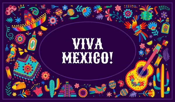 Viva Mexico Banner Alebrije Traditional Festive Items Vector Background Sombrero — Stock Vector