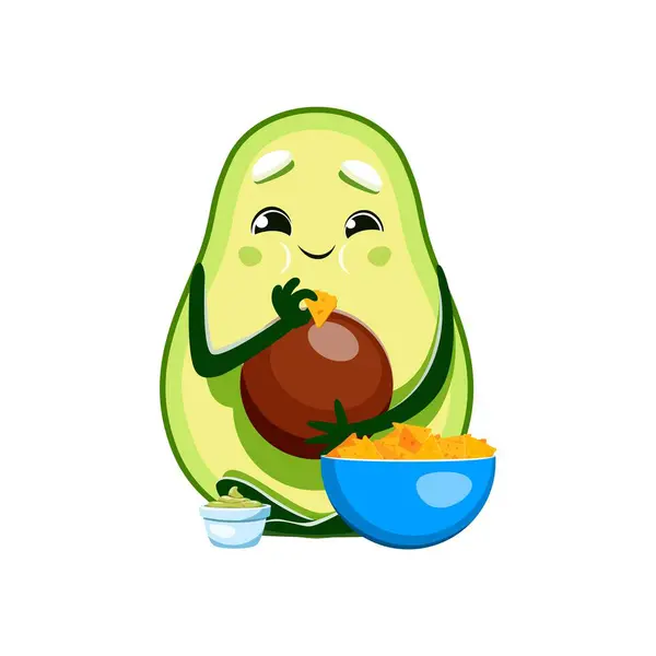 stock vector Cartoon avocado character eating nachos chips, vector emoji emoticon. Cute funny smiling avocado with nacho chips and guacamole salsa sauce dip in bowl for Mexican cuisine food or snack package