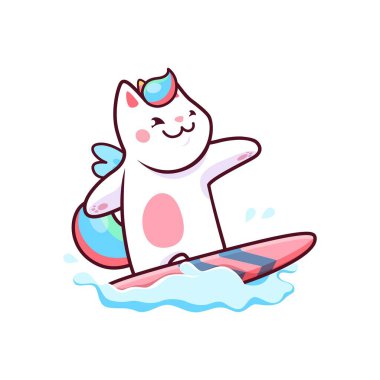 Çizgi film sörfü, kawaii caticorn kedisi ve kedi yavrusu karakteri. Fantezi yaratığı, sihirli komik kedi yavrusu ya da masal boynuzu izole vektör maskotu. Sihirli tek boynuzlu at kedi dalgalarda sörf yapıyor.