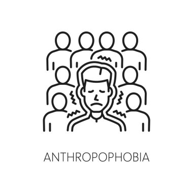 İnsan antrofobisi ikonu, akıl sağlığı. İnsan korkusu, psikoloji problemi vektör ana hatları sembolü. Zihinsel Bozukluk Çizgisi Pictogram ya da kalabalık içinde korkmuş, depresif bir adam ikonu