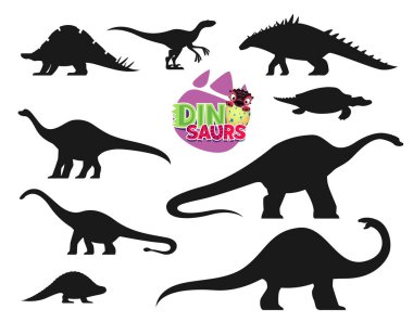 Komik dinozorlar çizgi film karakterleri siluetleri. Wuerhosaurus, Eoraptor, Polacanthus ve Henodus, Quaesitosaurus, Haplocanthosaurus, Shunosaurus ve Lotosaurus, Melanorosaurus dinozor siluetleri