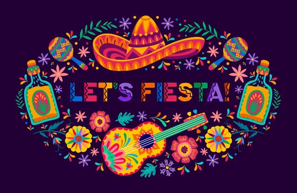 stock vector Mexican Let Us Fiesta festival banner with sombrero, guitar and tropical flowers, vector background. Mexican party festival quote or banner with tequila, maracas and floral pattern ornament frame