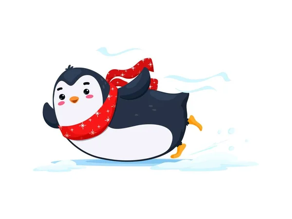 卡通可爱有趣的企鹅角色快乐地在肚子上滑行 带着滑稽可爱的滑稽动作散发出笑声 独立的病媒可爱的鸟人冬天穿围巾很好玩 — 图库矢量图片