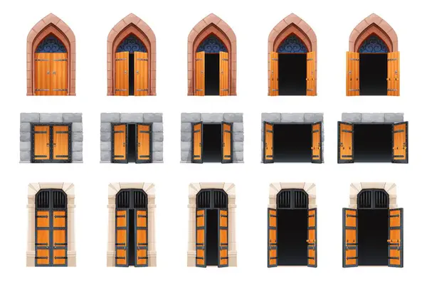 Cartoon Zamek Otwarta Brama Lub Animacja Ruchu Drzwi Średniowieczne Wejście — Wektor stockowy