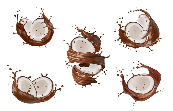 現実的なチョコレートミルクまたはあなたはスプラッシュとココナッツフルーツを飲みます ベクター3Dスワール ココアまたはホットチョコレート飲料の波の流れと滴 トロピカルパームナットとチョコデザートの食べ物とミルクシェイク — ストックベクタ