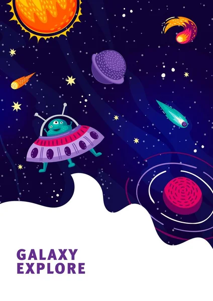 Dibujos Animados Alienígenas Volando Platillo Ovni Espacio Galaxias Estrelladas Planetas — Vector de stock