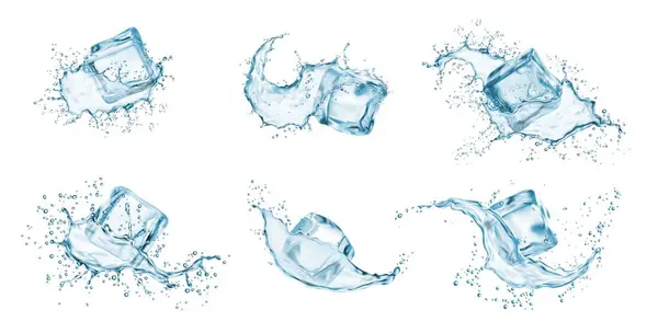 Eiswürfel Mit Wasserspritzern Und Tropfen Kaltes Mineralwasser Natürliches Aqua Oder — Stockvektor
