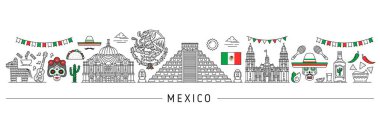 Meksika silueti. Meksika seyahat işaretleri. İnka piramidi, Meksika Güzel Sanatlar ve Katedral Sarayı, Tex Meksika yemeği ve Ölü Sembolleri Günü ile Latin Amerika ülke ülke seyahat çizgisi vektör arka planı