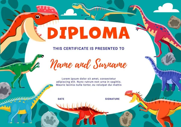 Çocuk Diploması Komik Dinozor Karakterleri Fosil Taş Ayak Izleri Diploma — Stok Vektör