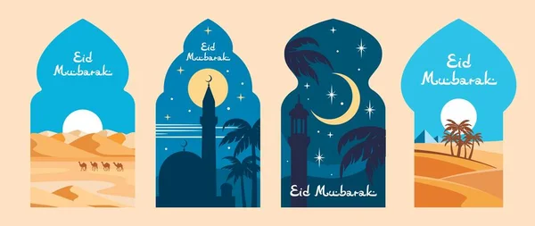 Vacaciones Eid Mubarak Ventanas Mezquita Con Paisajes Árabes Islam Ramadán — Vector de stock