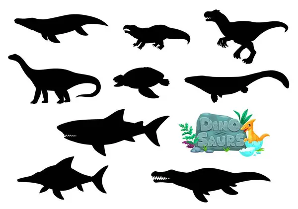 Cartoon dinosaurs reptiles character silhouettes. Prehistoric reptile vector personages. Liopleurodon, Kronosaurus, Ophthalmosaurus and Hyperodapedon, Megalodon, Tylosaurus dinosaurs silhouettes