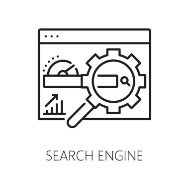 İçerik yönetimi için arama motoru, SEM veya arama motoru pazarlama simgesi, ana hatlı vektör pictogram. SEM veya SEO İnternet medyası ve içerik optimizasyonu için web sayfasında büyüteç web sitesi arama simgesi