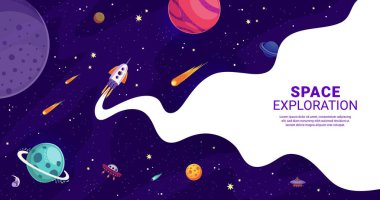 Çizgi film uzay gemisi ve yıldızlı galakside kimyasal izleri olan UFO, uzay keşif vektörü arka planı. Roket fırlatılışı ve galaktik macera posteri. Uzay mekiği uzay uçuşuyla gezegenlere gidiyor.