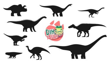 Dinozorlar, tarih öncesi sürüngen siluetleri. Paleontoloji kertenkelesi. Antarctosaurus, Ampelosaurus, Psittacosaurus ve Arrhinoceratops, Shantungosaurus, Bagaceratops dinozor vektör siluetleri
