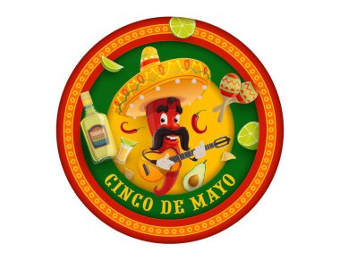 Cinco de Mayo Meksika bayramı yuvarlak kağıt kesim afişi. Gitar, sombrero, marakas ve tekila vektör posteri çalan karikatür mariachi biber karakteri.