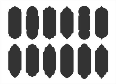 Arap camisi İslami pencere ve kapı şekilleri. Arap kemerlerinin izole vektör kümesi. Zarif mimari unsurlar, Müslüman Ramazan Kareem veya Kurban Bayramı için simgeler. Siyah portal çerçeve koleksiyonu