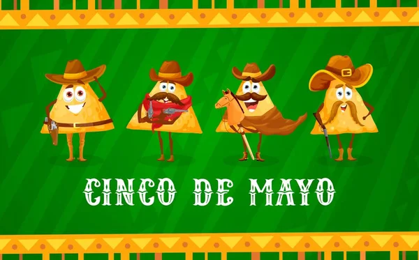 Mexican Cinco Mayo Banner Nachos Chip Cowboy Characters Vector Festive — Stock Vector