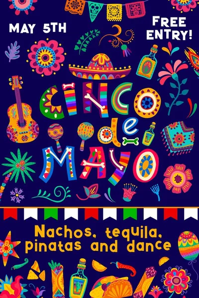 Cinco Mayo Holiday Party Flyer Fiesta Carnival Vector Pattern Mexican — Stock Vector