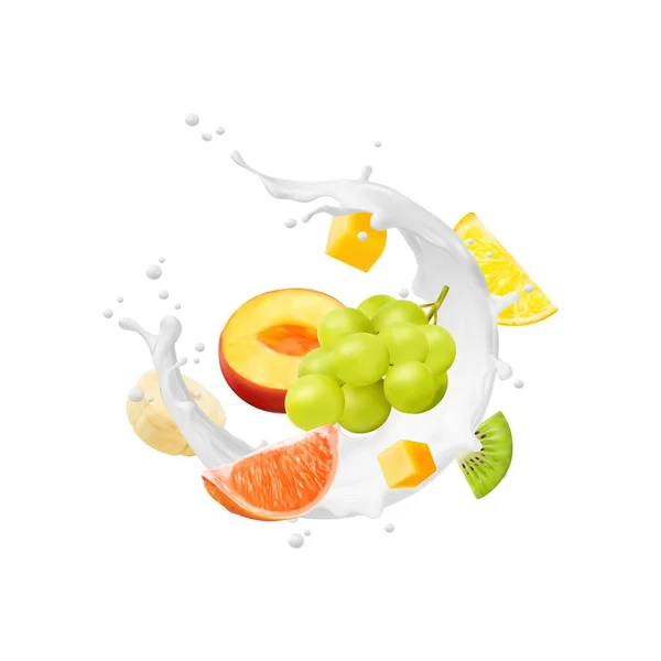 Boisson Yaourt Blanc Tourbillon Lait Éclaboussures Vagues Avec Des Fruits — Image vectorielle