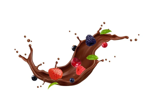 Chocolate Cream Choco Milk Drink Flow Splash Wild Berries Mint — Stock Vector