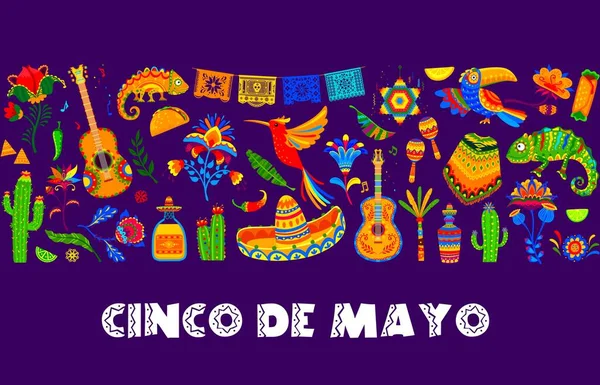 Cinco Mayo Mexican Holiday Banner Sombrero Cactuses Pinata Animals Vector — Stock Vector