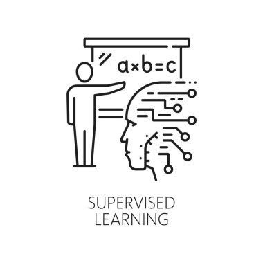 Supervised learning, AI machine and artificial intelligence algorithm icon in line vector. AI robot brain or artificial intelligence and smart mind learning technology by supervised teacher control clipart