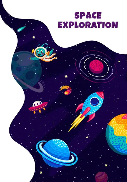 Space Exploration Poster Cartoon Rocket Spaceship Alien Ufo Galaxy Planets — Stock Vector