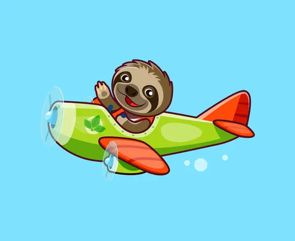 Cartoon Sloth Animal Character Plane Cute Australian Animal Pilot Flying — Stock Vector