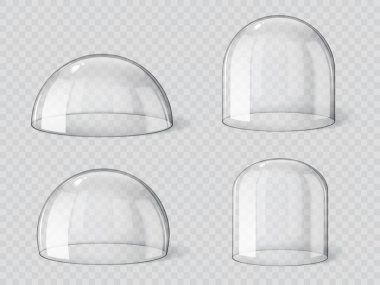 Cam kubbe, izole edilmiş parlak çan küresi ya da şeffaf kapak, gerçekçi vektör 3D. Cam kubbe ya da boş koruma, plastik yarımküre ya da vitrin sergi kutusu kavanozu ve küresel küre