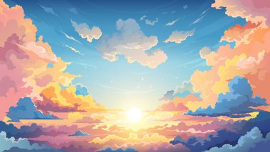 Gökyüzü günbatımı anime arka planı bulutlarla, ufuk boyunca dans ederek nefes kesici ve sakin bir zemin oluşturur. Çizgi film vektörü kümülonimbus bulut manzarası, cennet, doğa, huzur dolu alacakaranlık manzarası