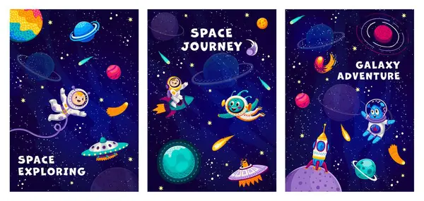 Space Posters Cartoon Characters Starry Galaxy Landscape Galaxy Discovery Vector — Stock Vector