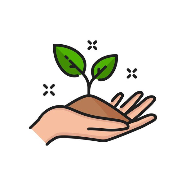 Plant growing line icon, sprout in soil in hand with green leaves, vector linear symbol. Agriculture, horticulture agronomy linear icon of tree or plant sprig growth for garden farming pictogram
