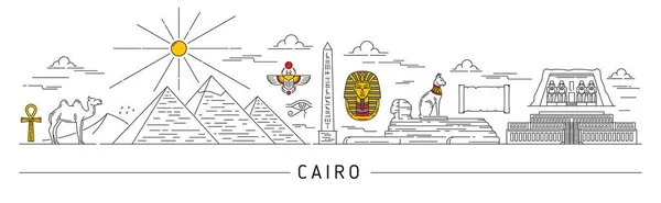 エジプトのシルエット カイロ その他のエジプトの旅行のランドマーク ベクトルスカイライン アフリカの砂漠の風景の薄いラインピラミッド スフィンクス記念碑 パピルススクロール ファラオブラックキャット アンクとラクダ — ストックベクタ