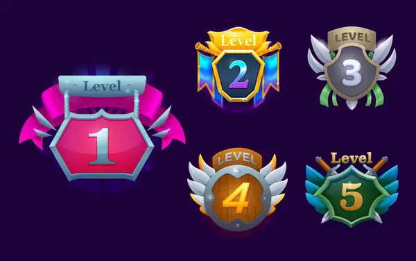 Game Level Badges Cartoon Vector Reward Icons Featuring Wooden Metal — Stock Vector