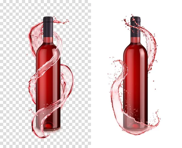 Botella Con Salpicadura Vino Tinto Remolino Matraz Vidrio Elegante Realista — Vector de stock