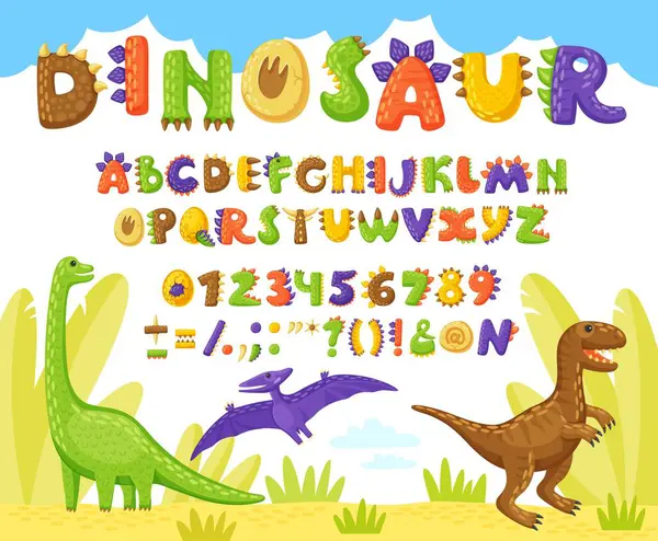 Cartoon Dino Font Type Dinosaure Police Reptile Drôle Avec Des — Image vectorielle
