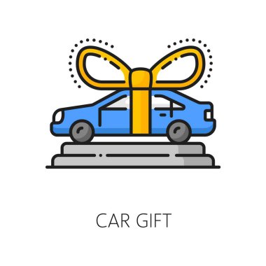 Galeri ve araç alımı ya da otomobil satıcısı salonu için otomobil hediye hattı ikonu, ana hatlı vektör. Premium araba mağazası veya otomotiv mağazası galerisi otomotiv ticaret merkezi kurdeleli hediye arabasının simgesi