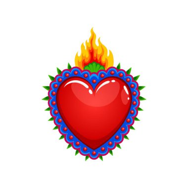 Mexican sacred heart with burning flame, vector tattoo or religious symbol. Sacred heart or Corazon Milagro of Mexican Catholic religion, Jesus God love and divine miracle sign with ethnic ornament clipart